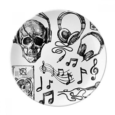 Imagem de Fone de ouvido de caveira com estampa de instrumento musical, prato decorativo de porcelana salver talheres, prato de jantar