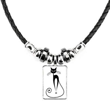 Imagem de DIYthinker Colar de cauda longa com desenho de gato preto e pingente de corda de couro