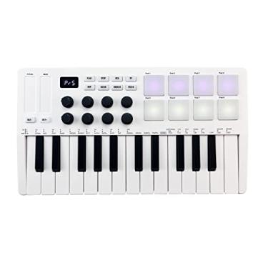 Imagem de Bulaned Teclado de controle MIDI 25 teclas Mini teclado USB portátil controlador MIDI com 25 teclas sensíveis à velocidade 8 pads retroiluminados RGB 8 botões