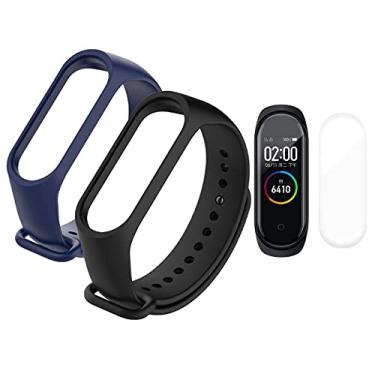 Imagem de Kit 2 Pulseiras extras compatíveis com xiaomi mi band 4 / mi band 5 / mi band 6 / mi band 7 / mi band 8 / mi band 9 + 2x Película Protetora Gel Ultra-Slim (Preto + Azul escuro Mi 4+2x pelicula)