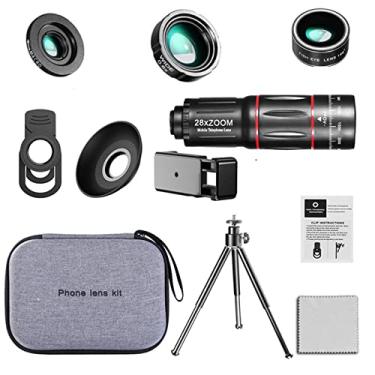 Imagem de Telescópio 10 em 1 28X lente grande angular olho de peixe lente macro lente clipe clipe telefone clipe tripé saco de armazenamento pano adequado para a maioria dos smartphones