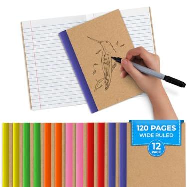 Imagem de Rosmonde Pacote com 12 diários Kraft a granel, 20 x 14 cm, páginas extras - 120 páginas (60 folhas), pautado largo, papel grosso sem derramamento, caderno de composição pequena para escola, caderno de