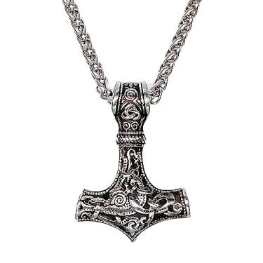 Imagem de FANCY-J Colar masculino viking com pingente de amuleto nórdico Mjolnir em aço inoxidável, comprimento da corrente 61 cm, Aço inoxidável, aço inoxidável