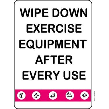 Imagem de Placas de higienização NapTags para academia, local de trabalho, estúdio, alumínio branco sublimado, cantos arredondados, inclui abas adesivas para fácil instalação, Wipe Down Exercise Equipment After Use, 5" x 7"