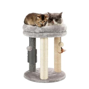 Imagem de MECOOL Árvore pequena para gatos 4 em 1, poste de arranhar com cama macia para gatos e gatinhos de sisal com três bolas para pendurar e escova de massagem para gatos e gatinhos