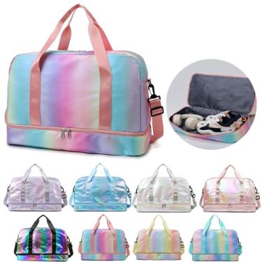 Imagem de Bolsa de ginástica holográfica cintilante com compartimento para sapatos e bolso molhado, bolsa feminina de viagem durante a noite, bolsa esportiva de dança de ginástica para meninas, Rosa dégradé