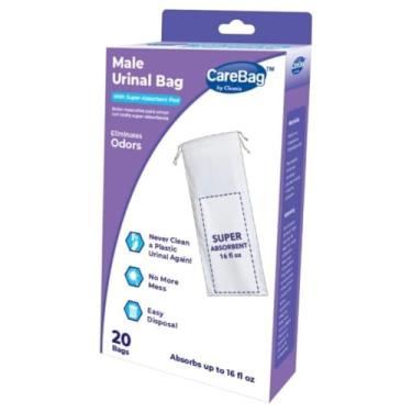 Imagem de Bolsa de mictório masculina de grau médico Carebag com almofada superabsorvente, 20 unidades – mictório de viagem para homens – 20 sacos descartáveis para mictório de cabeceira – resistente a vazamentos