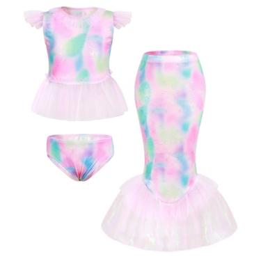 Imagem de AmzBarley Conjunto de biquíni de sereia para meninas, 3 peças, conjunto de biquíni de sereia para natação infantil com cauda de escama de peixe, rosa, 4-5T
