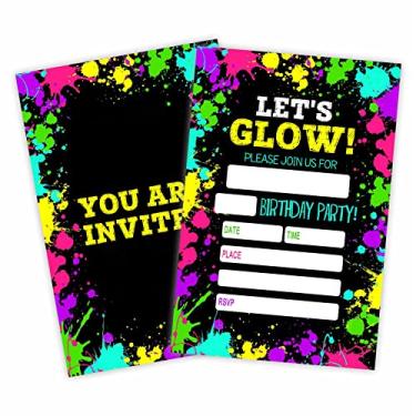 Imagem de Convite para festa de aniversário Let'S Glow, cartões de convite neon brilhante (20 unidades) com envelopes, cartões de convite de estilo para meninos, meninas, crianças, suprimentos de festa de