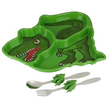 Imagem de Conjunto de louça infantil com tema de dinossauro T-Rex verde envolvente Funwares: durável, prato dividido, ideal para comedores exigentes, refeições educativas, limpeza fácil, presente para crianças