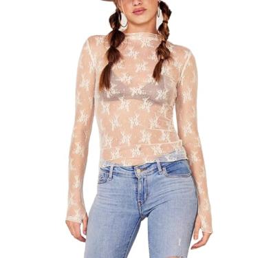 Imagem de CYCLAMEN Blusa feminina com estampa de malha, manga comprida, gola redonda, bordado floral, renda transparente, Liso, branco, GG