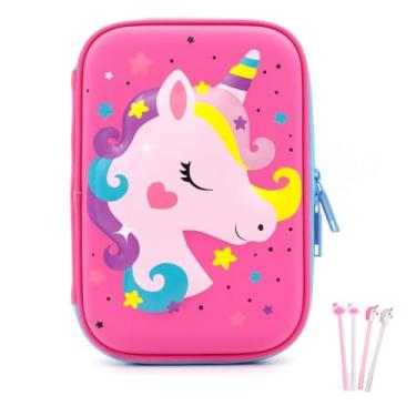 Imagem de Estojo de lápis para meninas, bolsa de papelaria 3D fofa de EVA unicórnio antichoque, grande capacidade, vários compartimentos para escola, com 4 canetas de unicórnio