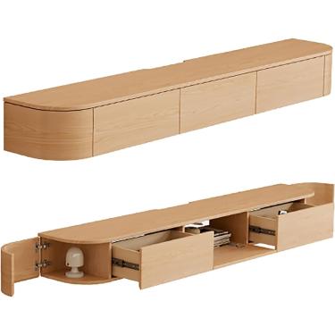 Imagem de Armário de TV flutuante, suporte de TV flutuante montado na parede, consoles de TV para sala de estar, suportes de televisão com luzes LED, cor de madeira natural, 180 cm/71 pol.