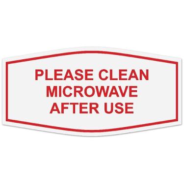Imagem de Signs ByLITA Placa Fancy Please Clean para micro-ondas após o uso - Letras gravadas a laser | Plástico ABS durável | Cores vibrantes | Fita de espuma poderosa (branca/vermelha) - pequena