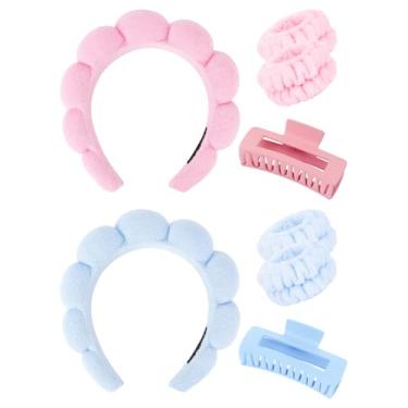 Imagem de Wecoe Conjunto de tiara e pulseira rosa azul spa para cuidados com a pele para lavar o rosto grampos de garra de cabelo para cabelo grosso esponja fofa inchada bolha maquiagem bandana toalhas de pulso