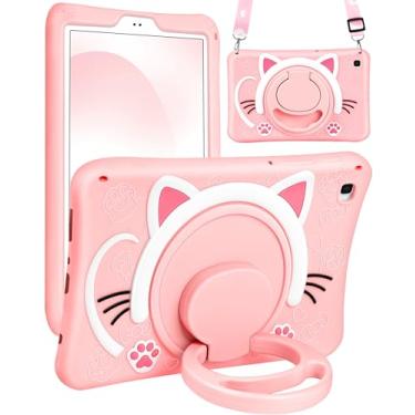 Imagem de Wazzasoft Capa para Samsung Galaxy Tab A7 Lite 8,7 polegadas meninas gato fofo kawaii capa feminina desenho 3D gatinho feminino com alça giratória suporte e alça fundo de silicone macio para Galaxy A7 Lite capas de mesa 2021