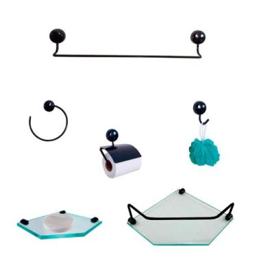 Imagem de Kit Para Banheiro Topázio Luxo Preto Vidro Sextavado Incolor - VSA