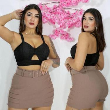 Imagem de Saia shorts feminina em malha pop com cinto - STILLOS MODAS, Capuccino