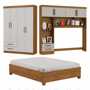 Imagem de Guarda-Roupa Casal Modulado 4 Portas Hercules 4 Portas 4 Gavetas com Cama Carioca Moveis - Cinamomo com Off White