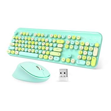 Imagem de Combo colorido de teclado e mouse sem fio, teclado ergonômico de tamanho completo, máquina de escrever redonda, 104 teclas, mouse ajustável de 3 DPI, conexão de 2,4 GHz para Windows 11/10/8/7 e