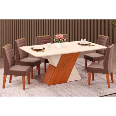 Imagem de Conjunto: Mesa Sala Jantar Rubi c/ Tampo Madeirado c/ Vidro 170x90cm e 6 Cadeiras Ondina Freijo/Off White/Off White - Suede Moca - DJ Móveis