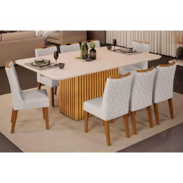 Imagem de Conjunto: Mesa Sala Jantar Canes Tampo Madeirado c/ Vidro Curvo 200x100cm e 8 Cadeiras Stela Cedro/Off White - Ipe/Linho Neve - DJ Móveis