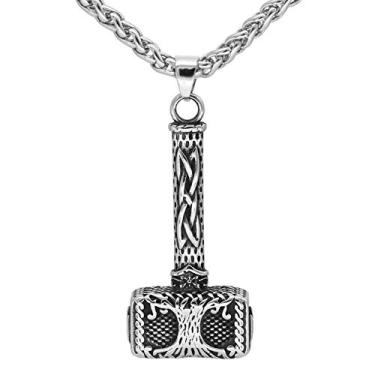 Imagem de GuoShuang Nordic Viking Mjolnir Thor Hammer Valknut Colar de aço inoxidável para homens com bolsa de presente Valknut Prata