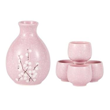 Imagem de Hinomaru Collection Conjunto de saquê japonês Tokkuri com design de flor de ameixa Ume Garrafa de 266 ml com quatro copos de saquê Ochoko 44 ml Jarra de servir de saquê frio quente (rosa)