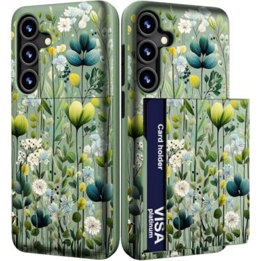 Imagem de IWONE Capa para celular compatível com Samsung Galaxy S23 fofa com porta-cartão/carteira fina à prova de choque para mulheres Galaxy S23 / folhas verdes botânicas flores plantas tropicais