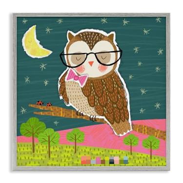 Imagem de Stupell Industries Arte de parede giclée emoldurada com coruja sábia no ramo por Tina Finn, moldura cinza, 12 x 12