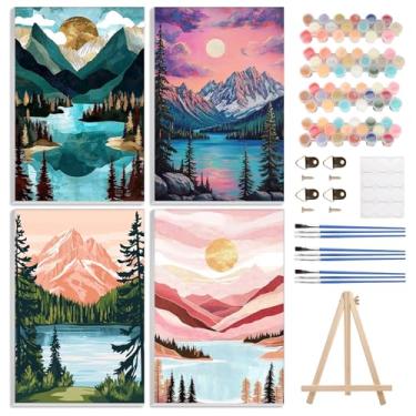 Imagem de Pacote com 4 kits de pintura por números para adultos iniciantes em tela emoldurada, kit de pintura por números para adultos com cavalete de madeira, pôr do sol nas montanhas do lago pintura fácil por