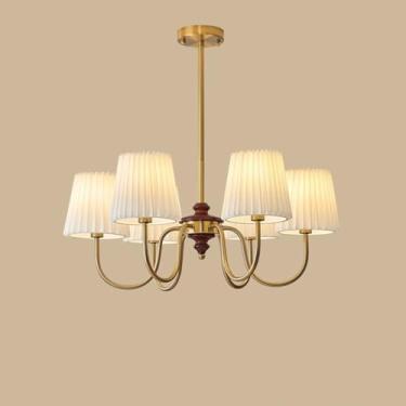 Imagem de QZGTDMYG Lustre antigo moderno de 4 luzes com sombra de tecido branco cremoso, luminária pendente de fazenda para sala de jantar, sala de estar, cozinha, ilha