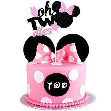 Imagem de Glitter Rosa Minnie Mouse Inspirado em Twodels Bolo Topper Menina Segundo Aniversário Festa Decorações de Mesa Bolo, Artigos de Festa de Aniversário (Balck and Rosa)