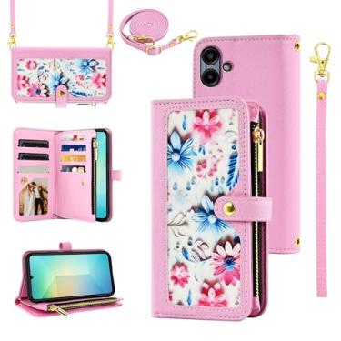 Imagem de Furiet Capa carteira floral para Samsung Galaxy A06 com alça de pulso alça de ombro flip bolsa com zíper, suporte de cartão de crédito de couro PU de luxo acessórios para celular Ao6 A 06 feminino