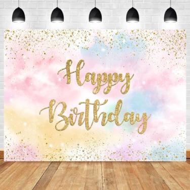Imagem de Sensfun Pano de fundo de aniversário arco-íris para meninas, nuvens pastel, colorido, decoração de festa de feliz aniversário, faixa com glitter borrifado com bolinhas douradas, aquarela, arco-íris,