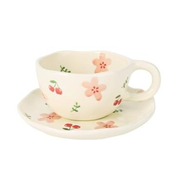 Imagem de Koythin Caneca de café de cerâmica com pires, canecas de flores feitas à mão, copo bonito para meninas e mulheres, xícara de chá de leite estética com alça, 250 ml para latte, cacau, escritório, casa