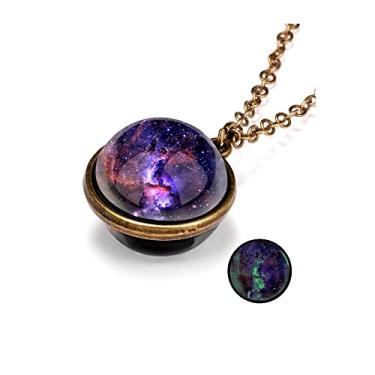 Imagem de Colar com pingente de planeta galáxia que brilha no escuro duplo lado bola de cristal lua terra astronomia universo colar luminios pedras preciosas colar para mulheres homens amigos presente, Vidro, Sem Pedra Preciosa