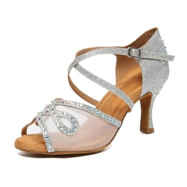 Imagem de ZengyeZoo Sandálias femininas confortáveis de dança de salão com estampa de strass, L624 Salto prateado de 7,6 cm, 40
