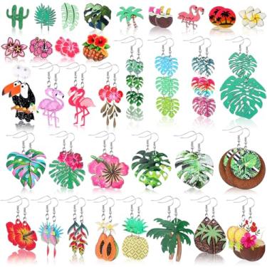 Imagem de Nosiny 36 pares de brincos tropicais femininos com pingente de folha de palmeira verde coco planta verde abacaxi flamingo brincos havaianos joias presentes para amantes da natureza, materiais de