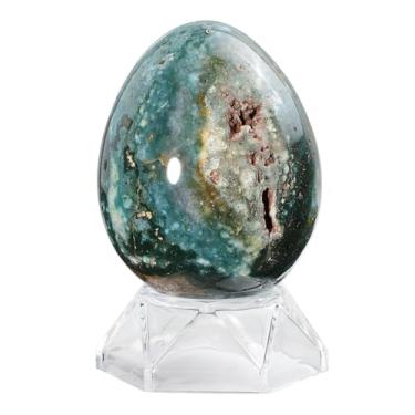 Imagem de Rockcloud Esfera de ovo de pedra do oceano natural com suporte de acrílico Estatueta de esfera de cristal Reiki polido para bênção de Páscoa e decoração de casa, 0,2 a 0,3 kg