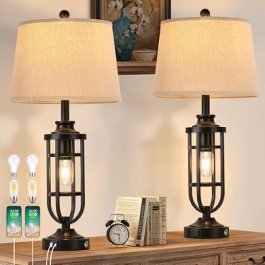 Imagem de SRJJRS Conjunto De 2 Abajures De Mesa De 28" Para Sala De Estar, Abajures De Toque Estilo Fazenda Para Mesa De Cabeceira Com Usb A+C, Abajures Rústicos De Cabeceira Para Mesas De Canto De Quarto, Lâ