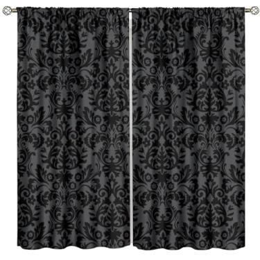 Imagem de Cortinas florais vintage damasco preto boêmio antigo vitoriano barroco exótico cortinas de janela para meninos meninas quarto sala de estar escritório cozinha 107 cm L x 114 cm C