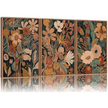 Imagem de Tinonedraw Conjunto de 3 arte de parede em tela emoldurada floral laranja vintage, arte de flores em preto e branco boho, decoração de parede de plantas modernas de meados do século, impressões de