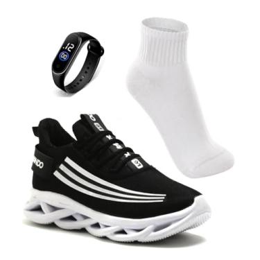 Imagem de Kit Tênis Masculino Esportivo Academia Caminhada Corrida Leve Confortavel com Meia e Relógio (PRETO, BR, Adulto, Numérico, 43)
