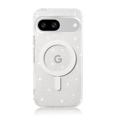 Imagem de Capa magnética transparente para Google Pixel 8A, compatível com MagSafe, capa protetora feminina brilhante com glitter de cristal luxuosa, antiamarelamento, grau militar, à prova de choque