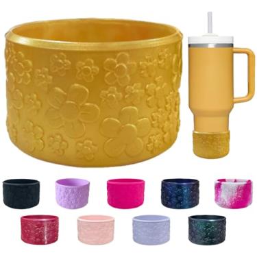 Imagem de Lnulyaciy Bota de silicone floral, para Stanley Cup 40/30/567 g, bota de silicone antiderrapante compatível com copos Hydroflask Boot de 340 a 680 g e mais garrafas, protetor inferior de 7,5 cm (ouro)