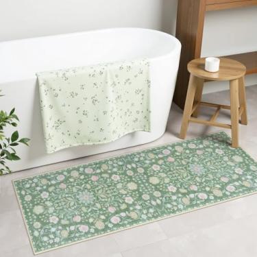 Imagem de Uphome Tapete de corredor de banheiro, verde, boêmio, longo, macio, luxuoso, antiderrapante, vintage, lavável à máquina, tapetes florais para lavatório de banheira, 46 x 119 cm
