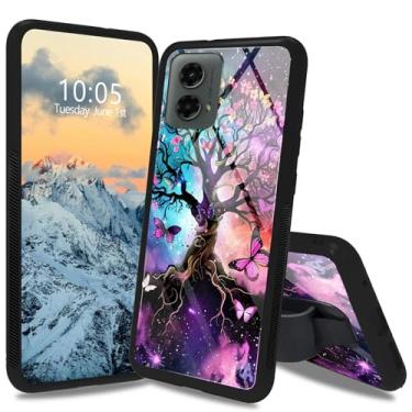 Imagem de Dikoer Capa Butterfly Tree para Moto G Stylus 5G 2024 de 6,7 polegadas com suporte/alça, parte traseira de vidro temperado e quatro cantos, absorção de choque, antiderrapante, listrada, macia TPU para