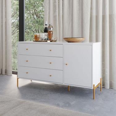 Imagem de Cômoda 3 Gavetas 1 Porta Jasper 138 Cm Branco/Dourado