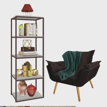 Imagem de Kit Poltrona Fatte com Manta Soft Verde e Estante Livreiro Ferro Marrom mdf Marmorizado Cinza Suede Marrom - Ahz Móveis